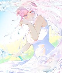1girl bare_arms bare_shoulders blue_eyes blush breasts clenched_teeth dress go-toubun_no_hanayome highres holding holding_hose hose large_breasts looking_at_viewer mojyu_saico nakano_ichika pink_hair short_hair smile solo splashing teeth water white_dress