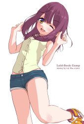 Rule 34 | 1girl, 2024, ;d, bare arms, blue shorts, blush, brown hair, copyright name, dated, dress shirt, highres, jagi (jagi souken), long hair, one eye closed, open mouth, shirt, short shorts, shorts, simple background, sleeveless, sleeveless shirt, smile, solo, straight hair, toki ayano, white background, white shirt, yellow eyes, yurucamp