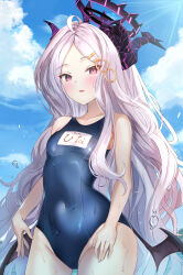 1girl :d armpits blue_archive blue_sky blurry cloud cloudy_sky collarbone commentary_request demon_girl demon_horns demon_wings depth_of_field forehead hair_ornament hairclip halo highres hina_(blue_archive) hina_(swimsuit)_(blue_archive) horns long_hair looking_at_viewer mountainous_horizon name_tag ocean official_alternate_costume official_alternate_hairstyle old_school_swimsuit one_side_up open_mouth outdoors parted_bangs parted_lips purple_eyes raurashun school_swimsuit sidelocks sky sleeveless smile solo sunlight swimsuit water_drop wavy_hair wet wet_clothes wet_swimsuit white_hair wings