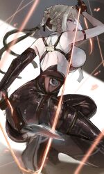1girl armband bare_shoulders black_gloves black_pants blonde_hair earrings elbow_gloves evelyn_chevalier from_behind gloves highres jewelry looking_at_viewer pants purple_eyes sanshoku_dango_(shukosuko) shirt sidelocks single_elbow_glove solo tight_clothes tight_pants white_shirt zenless_zone_zero