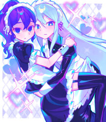 2girls absurdres apron aqua_hair aqua_ribbon asahina_mafuyu black_dress black_ribbon black_thighhighs blue_eyes breasts bright_pupils carrying carrying_person closed_mouth collared_dress commentary dress empty_eyes frilled_apron frilled_dress frilled_sleeves frills garter_straps hair_between_eyes hand_on_another&#039;s_shoulder heart highres iro_(mywife_sunny) juliet_sleeves long_hair long_sleeves maid maid_apron maid_headdress multiple_girls project_sekai puffy_short_sleeves puffy_sleeves purple_hair ribbon short_sleeves side_ponytail small_breasts sparkle thighhighs very_long_hair white_apron white_pupils yoisaki_kanade