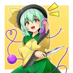 1girl antique_phone black_hat blush_stickers bow breasts closed_eyes collar fingernails frilled_collar frilled_sleeves frills green_eyes green_hair green_skirt hat hat_bow heart heart_of_string hidaruma highres holding holding_knife holding_phone knife koishi_day komeiji_koishi long_sleeves looking_at_viewer open_mouth phone rotary_phone shirt skirt small_breasts solo teeth third_eye touhou upper_teeth_only wide_sleeves yellow_bow yellow_shirt