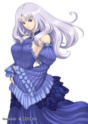 1girl annelotte_(queen&#039;s_blade) blue_dress blue_eyes breasts brooch commentary_request detached_sleeves dress eiwa jewelry knight_princess_annelotte long_hair long_sleeves medium_breasts official_art purple_hair queen&#039;s_blade queen&#039;s_blade_rebellion sideboob solo standing