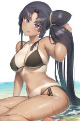1girl :q alternate_costume bikini black_bikini black_hair blue_eyes breasts commentary_request fate/grand_order fate_(series) highres large_breasts long_hair looking_at_viewer pinta_(ayashii_bochi) side-tie_bikini_bottom side_ponytail sitting solo swimsuit tan tanline tongue tongue_out ushiwakamaru_(fate) ushiwakamaru_(swimsuit_assassin)_(fate) ushiwakamaru_(swimsuit_assassin)_(first_ascension)_(fate) very_long_hair water wet yokozuwari