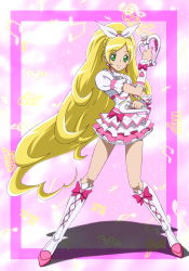 10s 1girl beamed_quavers blonde_hair boots bow braid choker crotchet_rest cure_rhythm dual_wielding earrings fantastic_belltier female_focus french_braid frilled_skirt frills full_body green_eyes hair_ribbon holding jewelry knee_boots long_hair magical_girl minamino_kanade moritakusan musical_note pink_background precure quaver ribbon skirt smile solo standing suite_precure treble_clef white_choker