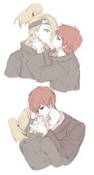Rule 34 | 2boys, akatsuki uniform, black sclera, blonde hair, blush, brown eyes, colored sclera, deidara (naruto), edo tensei, eyeliner, forehead protector, hands on own face, high ponytail, highres, imminent kiss, jewelry, long hair, m11080505, makeup, male focus, multiple boys, naruto (series), naruto shippuuden, nervous, nervous sweating, ponytail, red hair, ring, robe, sasori (naruto), short hair, simple background, sketch, sweat, white background, yaoi