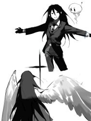 ! 1boy chinese_commentary collared_shirt commentary_request formal_clothes gloves greyscale hair_between_eyes highres long_hair long_sleeves male_focus monochrome multiple_views necktie original outstretched_arms pants shirt simple_background spread_arms suit vihua6 white_background wings