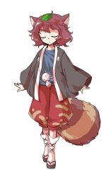 1girl alphes_(style) animal_ears black_kimono black_sandals blue_shirt brown_hair closed_eyes closed_mouth commentary_request dairi facing_viewer full_body japanese_clothes kimono large_variant_set leaf leaf_on_head long_sleeves okobo open_clothes open_kimono parody platform_sandals raccoon_ears raccoon_girl raccoon_tail red_shorts sandals shirt short_hair shorts socks solo standing style_parody tabi tachi-e tail tanuki_mob_(touhou) thick_eyebrows touhou transparent_background v-shaped_eyebrows variant_set white_socks wide_sleeves