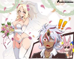 ! !! 1boy 2girls albaz_(yu-gi-oh!) animal_ear_fluff animal_ears blonde_hair bouquet breasts bridal_veil brown_gloves cameltoe choker collarbone collared_shirt commentary dark-skinned_male dark_skin ecclesia_(yu-gi-oh!) elbow_gloves english_commentary flower gloves grey_hair hair_flower hair_ornament highres holding holding_bouquet jewelry kitt_(yu-gi-oh!) large_breasts lewdamone long_hair looking_at_viewer multicolored_hair multiple_girls navel one_eye_closed panties parted_bangs patreon_username pink_flower pink_hair pink_rose pointy_ears rose shirt smile streaked_hair sunglasses thighhighs thumbs_up underwear veil watermark web_address white_choker white_flower white_gloves white_panties white_rose white_shirt white_thighhighs yellow_flower yu-gi-oh!