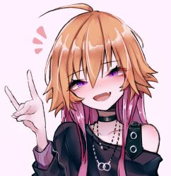 1girl ahoge black_choker black_shirt blush choker collarbone commentary fang fox_shadow_puppet hair_extensions hand_up head_tilt highres idolmaster idolmaster_cinderella_girls jewelry long_hair looking_at_viewer mixed-language_commentary myanja necklace ninomiya_asuka orange_hair pink_eyes pink_hair ring ring_necklace shirt simple_background single_bare_shoulder skin_fang smile solo upper_body very_long_hair white_background