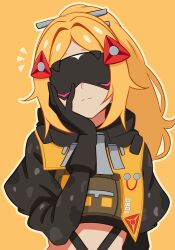 1girl absurdres black_gloves black_shrug blindfold blonde_hair camouflage camouflage_jacket closed_mouth crop_top eye_mask facing_viewer gloves hair_ornament hand_on_own_cheek hand_on_own_face hand_up highres jacket long_hair long_sleeves magikflaan ponytail shrug_(clothing) sidelocks solo triangle_hair_ornament trigger_(zenless_zone_zero) upper_body yellow_background zenless_zone_zero