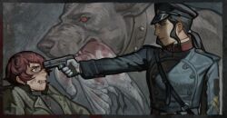 absurdres animal_collar belt bird black_eyes blood blood_on_face bloody_wings broken_neck brown_hair collar creature_and_personification dead_animal dog_request dove expressionless gloves gun gun_to_head handgun hat highres jewelry leaning_back looking_at_another low_ponytail military_hat military_uniform multiple_views narrowed_eyes original pendant personification ponytail red_eyes short_hair sidelocks silverheather symbolism weapon white_gloves wide-eyed wings