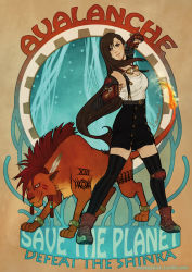1990s_(style) 1girl animal boxing_gloves final_fantasy final_fantasy_vii fingerless_gloves gloves goggles knee_pads lowenael red_xiii skirt steampunk thighhighs tifa_lockhart