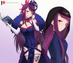 1girl absurdres brooch fascinator fire_emblem fire_emblem_engage fishnet_thighhighs fishnets flower_brooch highres ivy_(fire_emblem) jewelry lilshironeko multiple_views nintendo purple_eyes purple_hair see-through_clothes see-through_headwear spiked thighhighs thorn_print