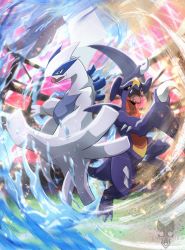 black_eyes black_sclera blurry claws colored_sclera commentary creatures_(company) english_commentary fangs game_freak garchomp gen_2_pokemon gen_4_pokemon highres legendary_pokemon lugia nintendo no_humans open_mouth pokemon pokemon_(creature) sand sharp_teeth spikes stadium teeth tenebscuro tongue water yellow_eyes