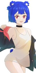 1girl :3 :d absurdres adjusting_clothes animal_ear_fluff animal_ears arched_back arm_at_side bare_shoulders bear_ears bear_girl bear_tail beatricealfbern black_choker black_jacket blue_hair blue_tail blunt_bangs blunt_ends blunt_sidelocks bob_cut borrowed_character breasts buttons center-flap_bangs choker clothing_cutout collarbone commentary contrapposto cowboy_shot dot_nose double-parted_bangs dress english_commentary fang go!_go!_gris! grin gris_(go!_go!_gris!) hair_intakes half_updo hand_up highres hood hood_down hooded_jacket jacket leg_up long_eyelashes long_sleeves looking_at_viewer looking_to_the_side off_shoulder open_clothes open_jacket open_mouth original pink_eyes pink_jacket pink_trim ponytail raised_eyebrows red_eyes short_dress short_hair short_ponytail short_tail sidelocks simple_background sleeveless sleeveless_dress sleeves_past_wrists small_breasts smile solo tail tail_through_clothes thick_eyelashes thighs two-sided_fabric two-sided_jacket unbuttoned white_background white_dress wide_hips