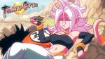 1boy 1girl android_21 animated black_sclera breasts cleavage colored_sclera colored_skin commentary cream defeat dragon_ball dragon_ball_fighterz dragonball_z eating eclair_(food) food happy long_tongue lying majin_android_21 pastry pink_skin red_eyes sitting son_goku sound tail tongue twistedgrim video video