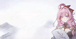 1girl bell braid breasts chinese_commentary commentary_request diamond-shaped_pupils diamond_(shape) dress elf elysia_(herrscher_of_human:_ego)_(honkai_impact) elysia_(honkai_impact) elysia_(peachy_spring)_(honkai_impact) flower folding_fan hair_bell hair_flower hair_ornament hand_fan highres holding holding_fan honkai_(series) honkai_impact_3rd large_breasts long_hair looking_at_viewer mountainous_horizon official_alternate_costume pink_hair pointy_ears procreate_(medium) purple_eyes seawave02974 shrug_(clothing) single_braid smile solo symbol-shaped_pupils textless_version upper_body very_long_hair