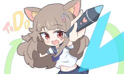 ai-chan_(misskey.io) animal_ear_fluff animal_ears black_sailor_collar blue_neckerchief blue_skirt blush_stickers brown_hair cat_ears cat_girl commentary english_commentary hair_between_eyes hair_ornament heart heart_hair_ornament holding holding_stylus long_hair midriff miniskirt misskey.io navel neckerchief open_mouth red_eyes sailor_collar school_uniform serafuku shirt short_sleeves skirt stylus umihio white_shirt