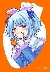 Rule 34 | 1girl, :i, animal ears, blue hair, blue jacket, blue ribbon, candy, carrot hair ornament, closed mouth, collar, collarbone, commentary request, dress, food, food-themed hair ornament, fur-trimmed sleeves, fur trim, hair ornament, hair ribbon, hand up, highres, holding, holding candy, holding food, holding lollipop, hololive, jacket, kiritoma, lollipop, long sleeves, orange background, rabbit ears, red eyes, ribbon, short eyebrows, signature, solo, thick eyebrows, two side up, upper body, usada pekora, usada pekora (casual), v, v over mouth, virtual youtuber, wavy mouth, white collar, white dress