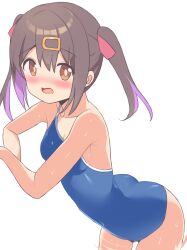 1girl black_hair blue_one-piece_swimsuit blush breasts brown_eyes commentary_request competition_school_swimsuit cowboy_shot hair_between_eyes hair_ornament hairclip highres long_hair looking_at_viewer medium_breasts multicolored_hair nose_blush one-piece_swimsuit onii-chan_wa_oshimai! oyama_mihari purple_hair school_swimsuit shirosakiyomogi simple_background small_breasts solo swimsuit transparent_background twintails
