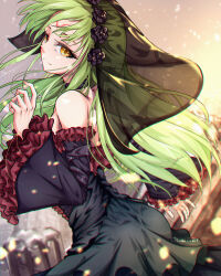 Rule 34 | 1girl, absurdres, artist name, bare shoulders, black dress, c.c., closed mouth, code geass, commentary, detached sleeves, dress, english commentary, facial mark, floating hair, frilled sleeves, frills, from side, green hair, guurei, highres, light particles, long hair, long sleeves, looking at viewer, solo, veil, very long hair, watermark, yellow eyes