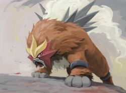 commentary entei fangs from_below gen_2_pokemon legendary_pokemon looking_at_viewer nintendo no_humans open_mouth pokemon pokemon_(creature) red_eyes smoke solo standing toes tongue uninori