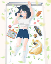 Rule 34 | 1girl, bag, black hair, blue eyes, blush, breasts, closed mouth, colored inner hair, commentary request, condom, condom wrapper, cowlick, from above, gen 4 pokemon, goggles, hair ornament, hairclip, inu-aris, jewelry, leaf, liko (pokemon), looking at viewer, lying, multicolored hair, necklace, nintendo, on back, on bed, poke ball, poke ball (basic), pokemon, pokemon (anime), pokemon horizons, rotom, rotom phone, shirt, short sleeves, shorts, socks, stylus, swept bangs, t-shirt, tablet pc, unworn bag, unworn goggles, unworn jewelry, unworn necklace, white shirt, white socks