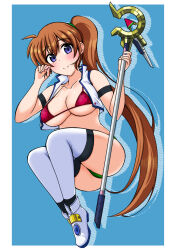 Rule 34 | 1girl, ass, bikini, blue eyes, blush, breasts, brown hair, cleavage, closed mouth, collarbone, highres, kunisaki-air, large breasts, long hair, looking at viewer, lyrical nanoha, magical girl, mahou shoujo lyrical nanoha strikers, ponytail, raising heart, solo, swimsuit, takamachi nanoha, thighhighs, white thighhighs