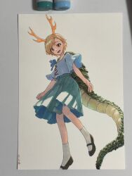 1girl art_tools_in_frame black_shoes blonde_hair blue_shirt commentary_request dragon_horns dragon_tail full_body green_skirt highres horns kicchou_yachie long_tail looking_at_viewer marker marker_(medium) mary_janes open_mouth pleated_skirt shiratama_(hockey) shirt shoes short_hair short_sleeves signature skirt socks solo tail touhou traditional_media white_background white_socks yellow_eyes