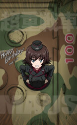 Rule 34 | 1girl, black hat, black jacket, blue eyes, camouflage, commentary, dated, dress shirt, ehirorotoon, english text, from above, garrison cap, girls und panzer, grin, hands on own hips, happy birthday, hat, hida ema, highres, insignia, jacket, kuromorimine military uniform, long sleeves, looking at viewer, maus (tank), military hat, military uniform, military vehicle, motor vehicle, red shirt, shirt, short hair, smile, solo, tank, wing collar