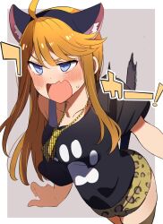 Rule 34 | 1girl, ahoge, angry, animal ear fluff, animal ear hairband, animal ears, animal print, black shirt, black tail, blue eyes, blush, border, brown hair, brown shorts, cat ear hairband, cat ears, cat tail, collarbone, cowboy shot, dot nose, eyelashes, fake animal ears, fake tail, fang, flipped bangs, frown, grey background, grey tank top, hairband, highres, idolmaster, idolmaster million live!, idolmaster million live! theater days, leopard print, long hair, open mouth, outside border, paw print print, print shirt, shirt, shorts, single off shoulder, skin fang, soeji, solo, sweatdrop, swept bangs, tail, tank top, tokoro megumi, white border