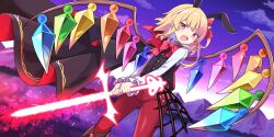1girl alternate_costume animal_ears black_cape black_vest blonde_hair blush bow bowtie cape crystal crystal_wings e.o. energy_sword fang flandre_scarlet game_cg glowing glowing_weapon highres holding holding_sword holding_weapon laevatein_(touhou) long_hair looking_at_viewer mountainous_horizon multicolored_wings official_art open_mouth outdoors pants pointy_ears purple_sky rabbit_ears red_bow red_bowtie red_eyes red_pants shirt skin_fang sky solo sword third-party_source touhou touhou_lostword vest weapon white_shirt wings