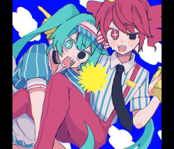 2girls absurdres alternate_costume black_choker black_eyes black_necktie blue_eyes blue_hair blue_skirt blush choker cloud collared_dress dress drill_hair floating hatsune_miku heterochromia highres holding_hands kasane_teto long_hair mesmerizer_(vocaloid) multiple_girls necktie open_mouth pants pointing red_eyes red_hair red_pants rtm1016 sharp_teeth shirt skirt sky striped_clothes striped_dress striped_shirt striped_skirt sweat symbol-shaped_pupils synthesizer_v teeth tongue tongue_out twin_drills twintails upper_body upper_teeth_only utau vertical-striped_clothes visor_cap vocaloid white_shirt yuri