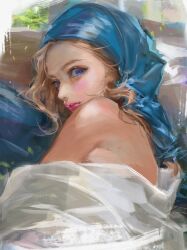 Rule 34 | 1girl, blonde hair, bm94199, curly hair, highres, long hair, open mouth, original, pink lips, plant, purple eyes, shrug (clothing), staring