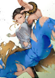 1girl armpits battle blue_pants bracelet breasts brown_hair capcom china_dress chinese_clothes chun-li double_bun dress grey_eyes hair_bun highres jewelry jumping kakyubushi looking_at_viewer navel pants simple_background solo street_fighter street_fighter_6 thick_thighs thighs torn_clothes torn_dress torn_pants white_background white_dress
