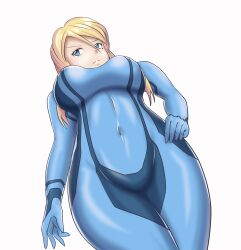 Rule 34 | 1girl, absurdres, arm at side, blonde hair, blue bodysuit, blue eyes, bodysuit, breasts, collarbone, covered navel, eyelashes, female focus, fingernails, from below, groin, hair between eyes, hand on own hip, hayato stuff, high ponytail, highres, large breasts, legs, legs together, long hair, looking to the side, metroid, mole, mole under mouth, nintendo, ponytail, print bodysuit, samus aran, serious, sidelocks, simple background, skin tight, standing, swept bangs, thighs, turtleneck, turtleneck bodysuit, underboob, v-shaped eyebrows, white background, zero suit