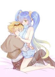 1boy 1girl absurdres ass_grab between_breasts blonde_hair blue_hair blush breasts ezreal head_between_breasts hetero highres large_breasts league_of_legends meme_attire smother sona_(league_of_legends) twintails virgin_killer_sweater