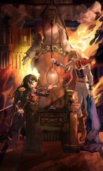 2girls black_hair blonde_hair blood blue_eyes boots cape crown_hair_ornament daiba_nana fire fur-trimmed_cape fur_trim hair_ornament highres impaled indoors kagura_hikari kneeling long_hair looking_at_another medium_hair multiple_girls noose pants qisu_zhang shoujo_kageki_revue_starlight smile standing star_(symbol) star_hair_ornament statue sword throne tiara twintails weapon