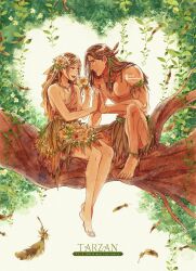 1boy 1girl absurdres animification bara bare_shoulders barefoot brown_hair dark-skinned_male dark_skin flower hair_flower hair_ornament highres jane_porter jungle long_hair mizala muscular muscular_male nature smile tarzan_(disney) tarzan_(disney_movie)