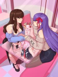 1girl 2futa artist_name bare_shoulders bb_(fate) bb_(fate/extra) blurry blurry_background blush bow breasts brown_eyes brown_hair casual cleavage couch couple cum cum_on_body cum_on_clothes cum_on_hair double_handjob drinking drinking_straw facial fate/extra fate/extra_ccc fate/grand_order fate_(series) fellatio fff_threesome food from_above futa_with_female futanari glasses group_sex hair_bow handjob highres holding_hands ice_cream kishinami_hakuno_(female) kneeling long_hair mash_kyrielight medium_breasts multiple_futa nudiedoodles obstructed_view oral parfait penis penis_grab pink_hair pink_theme purple_hair restaurant shared_drink short_hair sitting smile spread_legs stealth_fellatio stealth_handjob stealth_sex sundae sweat table threesome transparent under_table x-ray