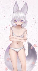 1girl absurdres animal_ears belly bra breasts commission eyelashes falling_petals fang flat_chest gluxua highres knee_up knees_up navel open_mouth panties petals phase_connect purple_eyes short_hair skin_fang small_breasts solo standing tail tenma_maemi underwear underwear_only virtual_youtuber white_bra white_hair white_panties
