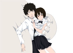 1boy 1girl bad_id bad_pixiv_id cenco cencoroll couple hetero kachipiko monster necktie open_mouth ribbon school_uniform short_hair skirt sweatdrop tetsu_(cencoroll) yellow_eyes yuki_(cencoroll)
