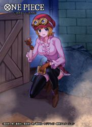1girl black_thighhighs blue_eyes boots brown_boots commentary_request copyright_name den_den_mushi frilled_shirt frills goggles goggles_on_headwear hat highres koala_(one_piece) looking_at_viewer looking_to_the_side official_art on_one_knee one_piece one_piece_card_game open_mouth shirt short_hair skirt solo sunohara_(encount) thighhighs
