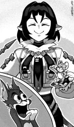 animal_ears cat closed_eyes highres holding jane_doe_(zenless_zone_zero) jerry_(tom_and_jerry) long_sleeves mateus_upd monochrome mouse_(animal) mouse_ears mouse_girl necktie puffy_collar short_hair smile tom_(tom_and_jerry) tom_and_jerry toon_(style) zenless_zone_zero