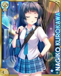 1girl :o alley bags_under_eyes black_hair black_nails black_thighhighs blue_necktie blue_skirt blue_theme card_(medium) city closed_eyes cowboy_shot frilled_skirt frills girlfriend_(kari) kurokawa_nagiko long_hair looking_at_viewer nail_polish necktie night official_art open_mouth outdoors plaid_clothes plaid_skirt pleated pleated_skirt qp:flapper red_eyes sailor_collar school_uniform short_sleeves skindentation skirt solo standing thighhighs wing_collar zettai_ryouiki