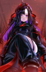 1girl beret black_coat blurry blurry_background coat colored_inner_hair commentary depth_of_field english_commentary goddess_of_victory:_nikke gun gun_on_back hat highres hood hood_down long_hair looking_at_viewer mihara_(nikke) multicolored_hair neckerchief nekoponart parted_hair parted_lips purple_eyes red_neckerchief red_trim rifle sitting sniper_rifle solo thigh_strap two-tone_hat weapon weapon_on_back