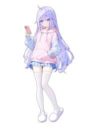 1girl absurdres ahoge azur_lane blue_skirt cellphone highres holding holding_phone hood hoodie legs long_hair miniskirt phone pink_hoodie pink_ribbon purple_eyes purple_hair ribbon simple_background skirt slippers solo thigh_gap thighhighs unicorn_(azur_lane) white_background white_slippers white_thighhighs zuu_(qq770463651)