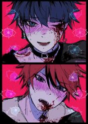 2boys bite_mark bite_mark_on_shoulder black_border black_hair blood blood_from_mouth bloody_tears blue_eyes blue_hair blush border bridge_piercing collar ear_piercing earrings face_piercing hair_between_eyes jewelry lip_piercing looking_at_viewer male_focus multicolored_eyes multicolored_hair multiple_boys omokage_yugamu one_eye_closed piercing red_background red_eyes red_hair sumino_takumi teeth the_hundred_line_-last_defense_academy- tongue_piercing upper_body upper_teeth_only yaoi