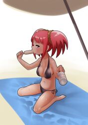Rule 34 | 1girl, barefoot, beach umbrella, bikini, black bikini, breasts, chiyoko (chokochokotto), cleavage, dinosaur king, food, food in mouth, full body, hair ornament, hair scrunchie, highres, holding, holding food, holding popsicle, large breasts, long hair, looking at viewer, navel, pink hair, popsicle, popsicle in mouth, purple eyes, scrunchie, solo, swimsuit, tatsuno malm, twintails, umbrella, wet